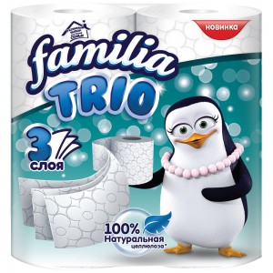 Туалетная бумага Familia Trio белая, 3-х слойная, 4 шт